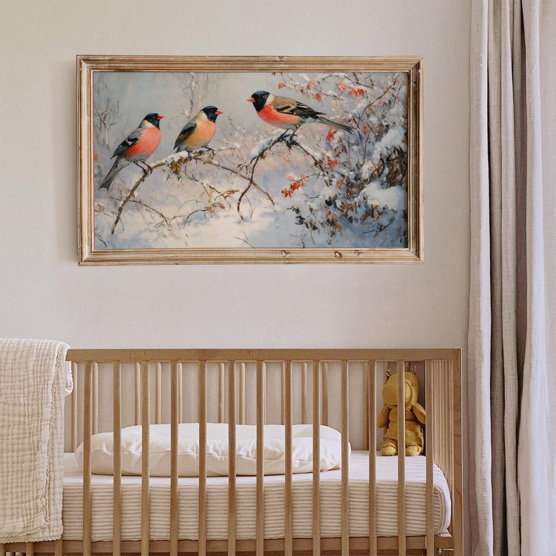 Vintage Bullfinches Snowy Branches Red Berries Winter Bird Art Poster - Image 2