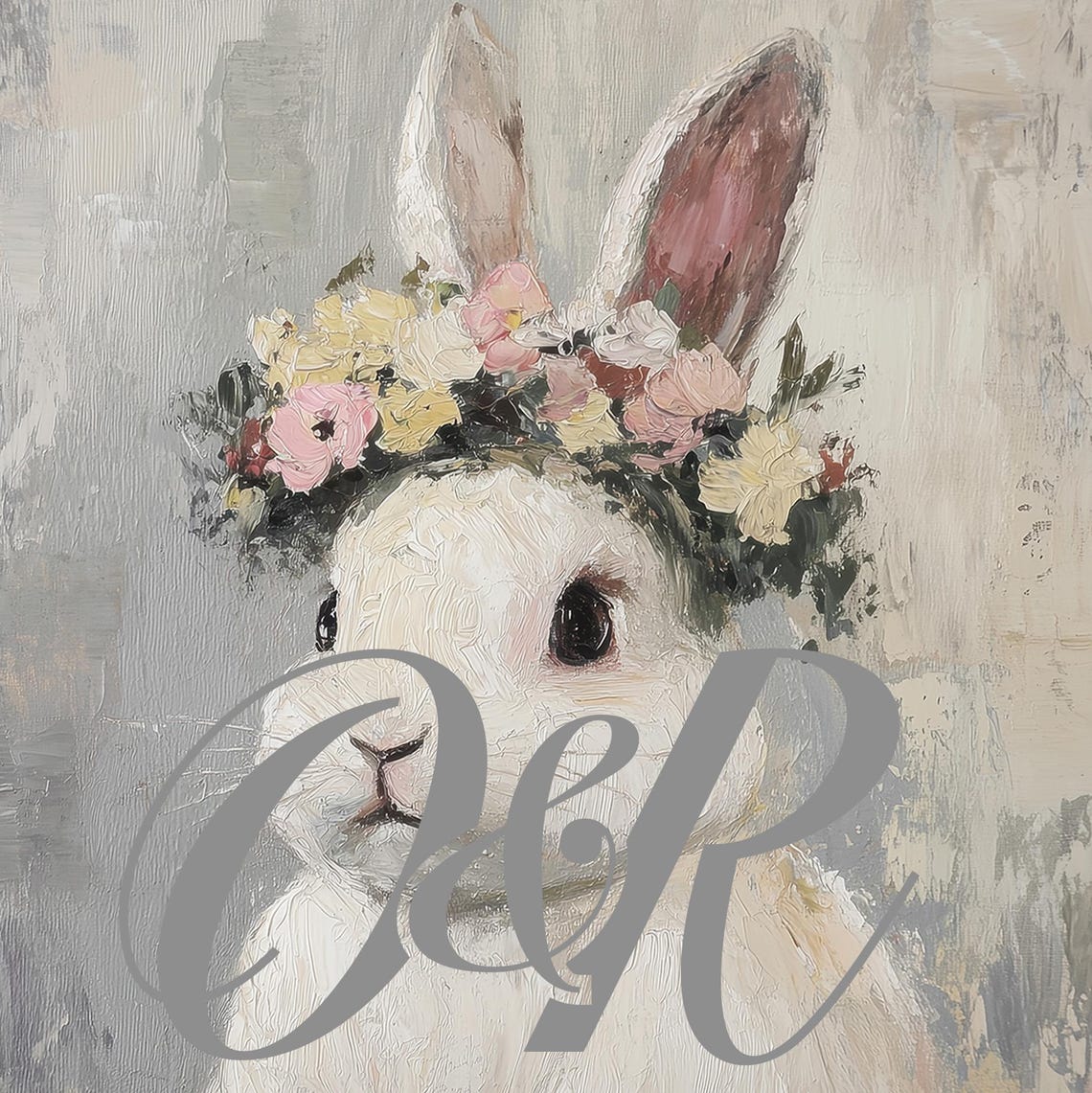 White Bunny Floral Crown Muted Grey Vintage Botanical Nursery Wall Art - Image 5