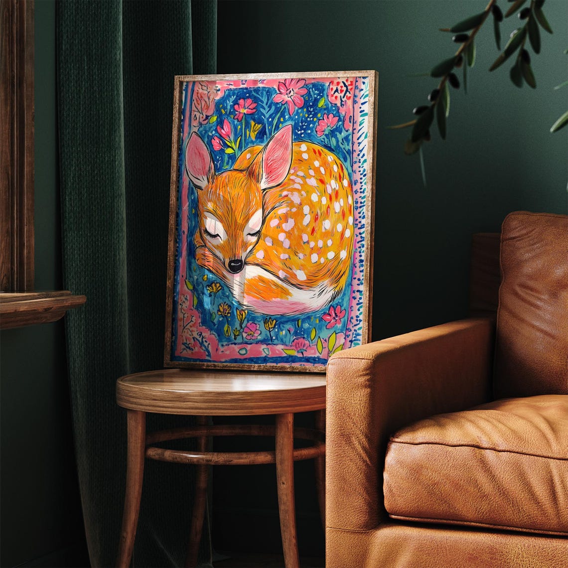 Sleeping Fawn on Colorful Rug Vibrant Woodland Nursery Wall Art Print - Image 3