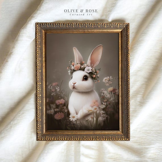 Vintage Cute Easter Bunny Print Floral White Rabbit Painting Wall Art Spring Botanical Nursery Decor Flower Prints