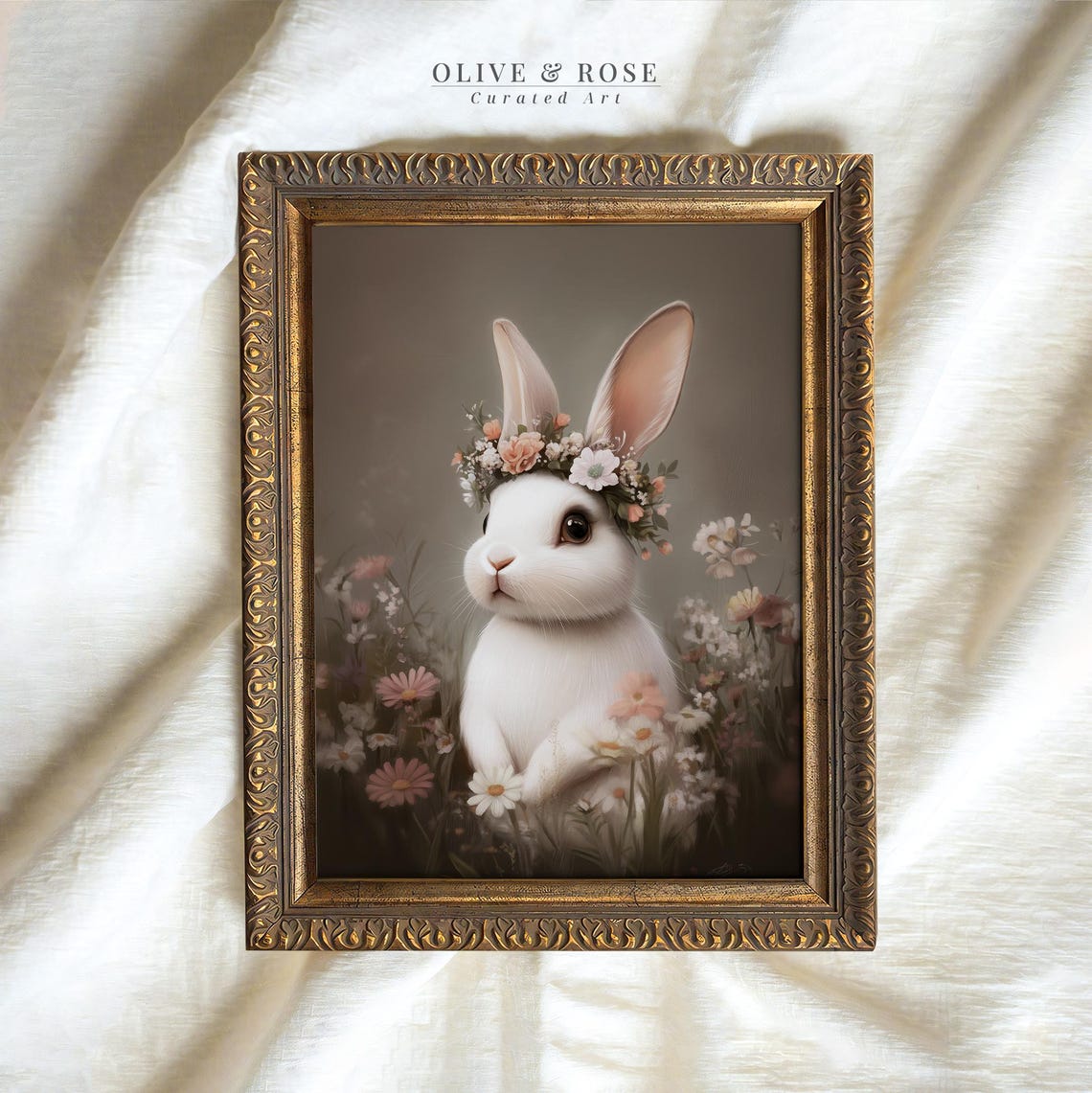 Vintage Cute Easter Bunny Print Floral White Rabbit Painting Wall Art Spring Botanical Nursery Decor Flower Prints