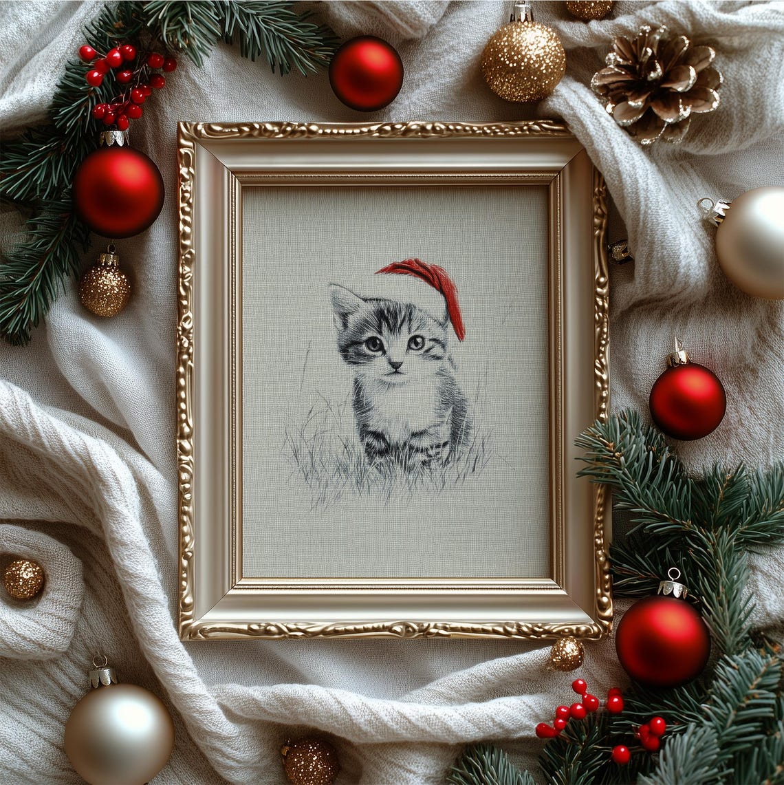 Adorable Kitten In Santa Hat Sketch Neutral Christmas Nursery Poster - Image 4