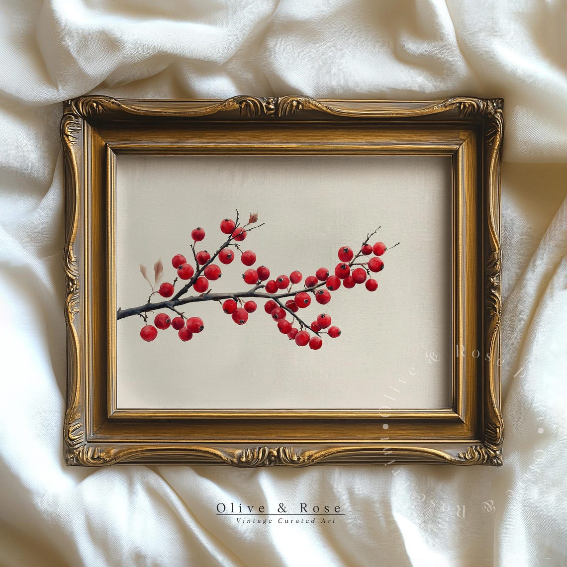 Red Winter Berry Branch Sketch Neutral Antique Botanical Wall Art