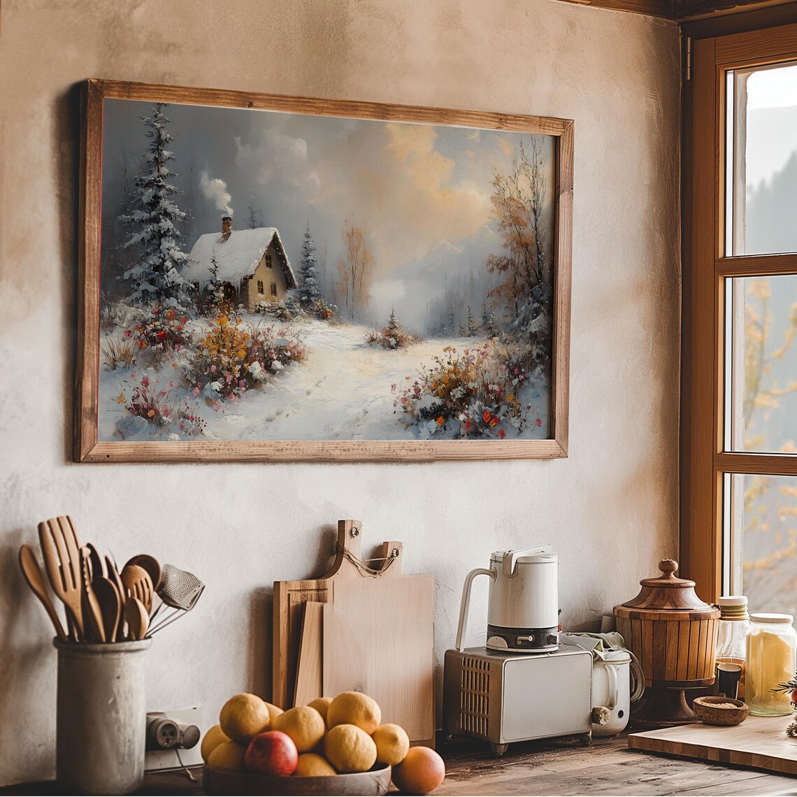 Snowy Cottage Wildflower Meadow Winter Landscape Frame TV Art Poster - Image 3