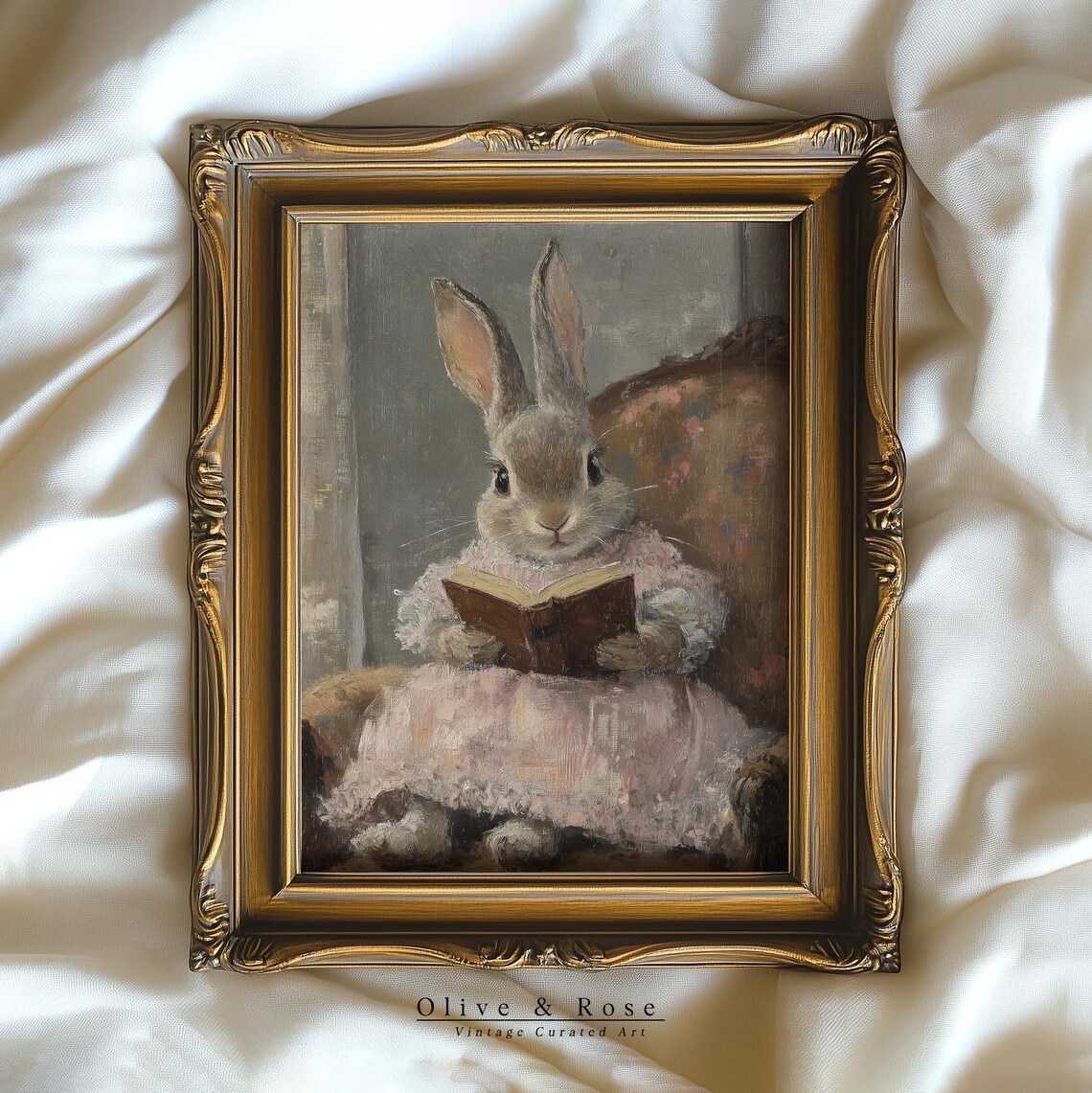 Bunny in Pink Dress Reading Book Floral Armchair Vintage Wall Art - Image 4