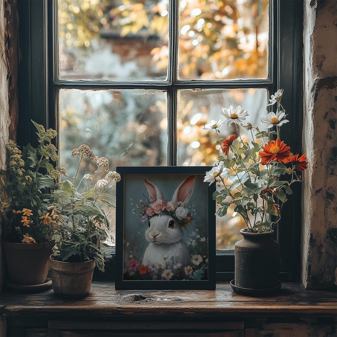 Vintage Cute Easter Bunny Print Floral White Rabbit Painting Wall Art Spring Botanical Nursery Decor Flower Prints - Image 2