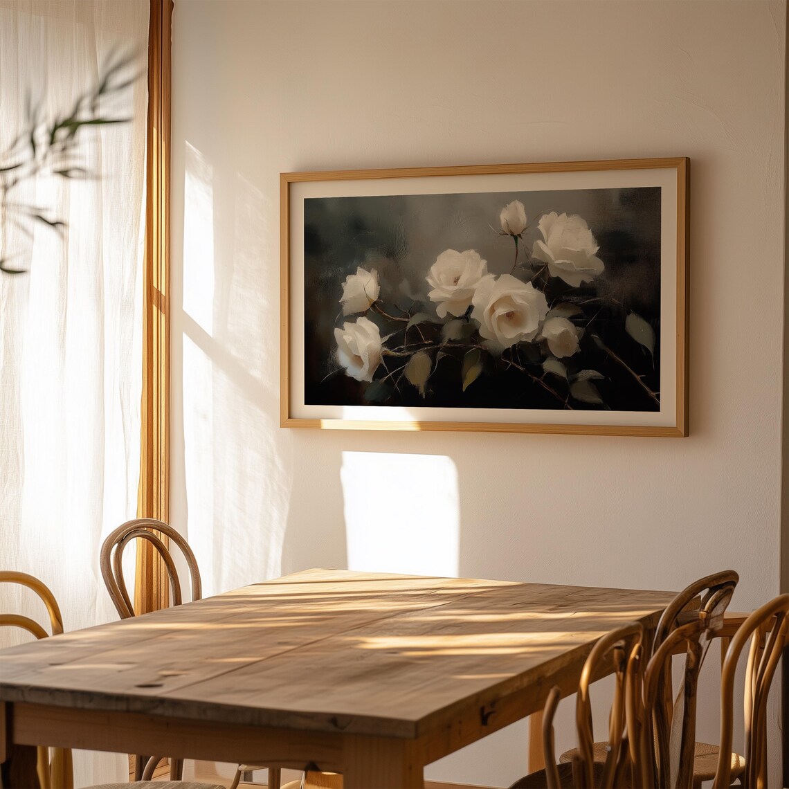 White Roses Dark Moody Background Vintage Botanical Oil Painting Print - Image 3