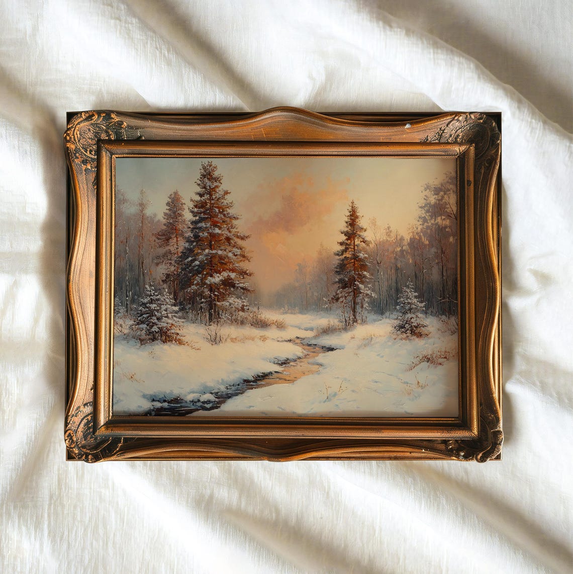 Vintage Winter Pine Forest Sunset Stream Snowy Landscape Oil Poster - Image 3