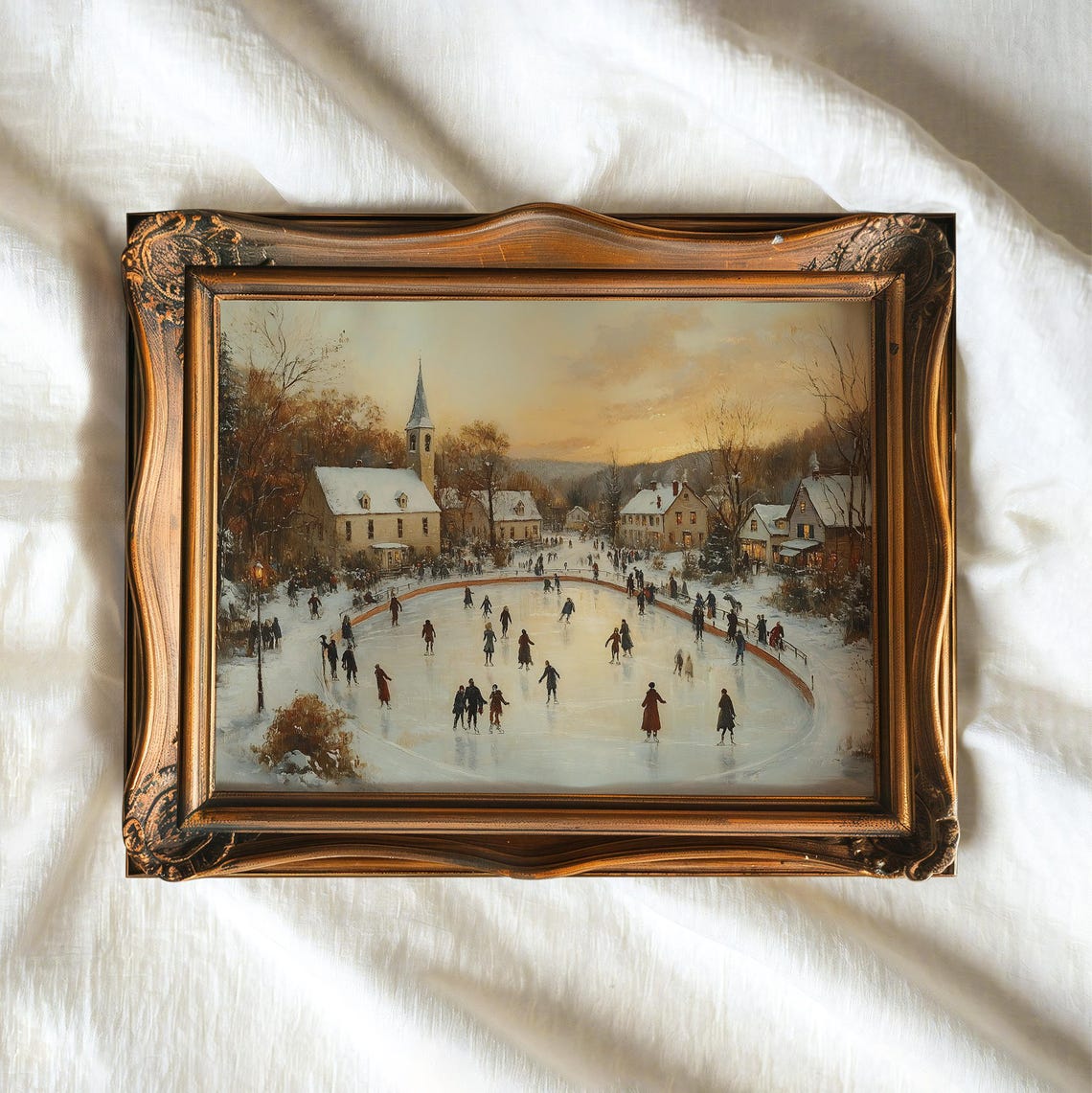 Vintage Christmas Village Print Winter Holiday Decor Hockey Players Snowy Landscape Painting Winter Cityscape Prints - Image 2