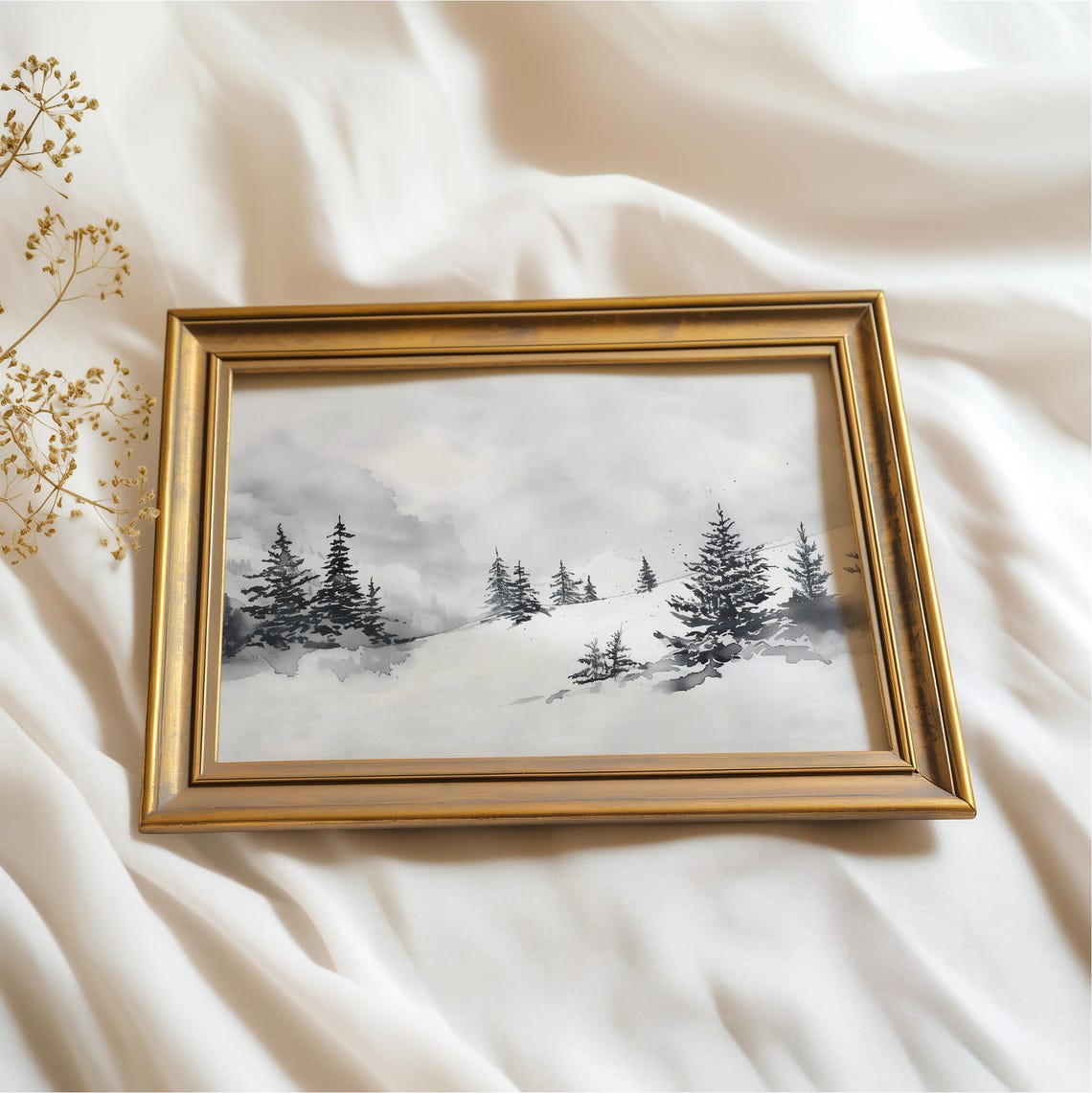 Monochrome Pine Forest Misty Snowy Hillside Watercolor Art Poster - Image 3