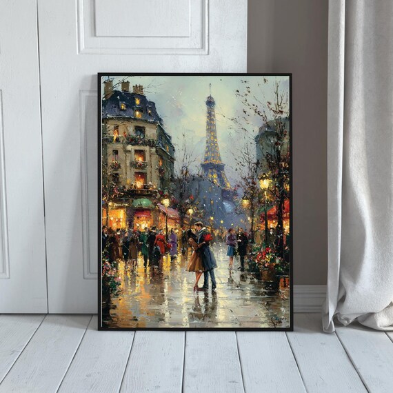 Paris Rainy Street Eiffel Tower Couple Romance Impressionist Oil Painting Print