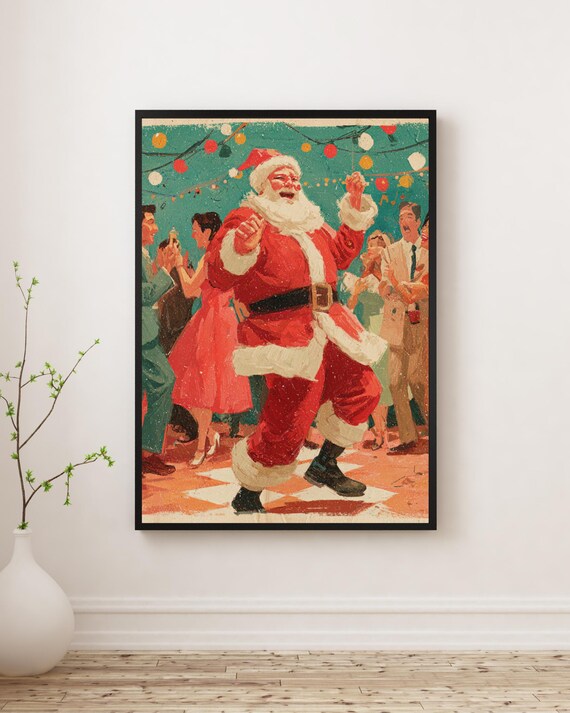 Santa Claus Dancing at Retro Christmas Party Holiday Art Poster