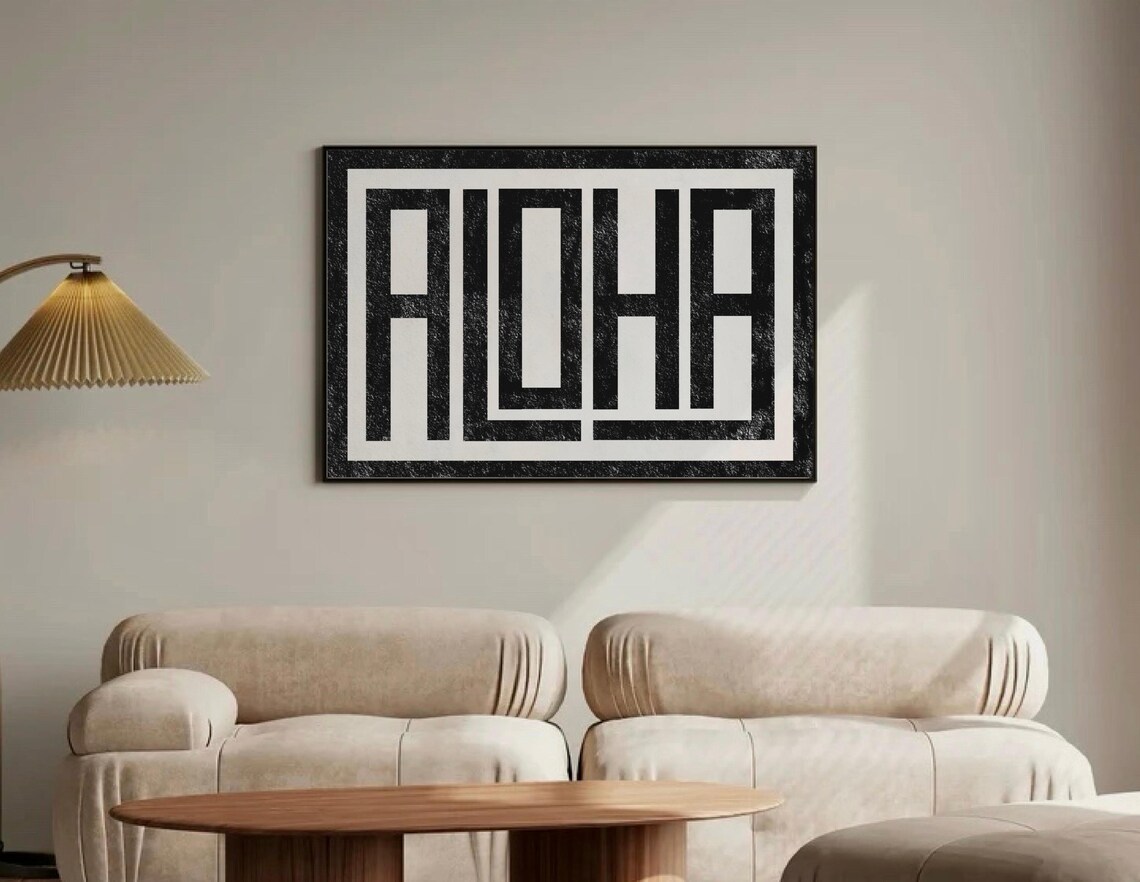 Aloha Typography Wall Art Hawaiian Print Bold Black Quote Poster Horizontal Retro Beach Surf Decor