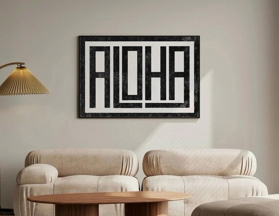 Aloha Typography Wall Art Hawaiian Print Bold Black Quote Poster Horizontal Retro Beach Surf Decor