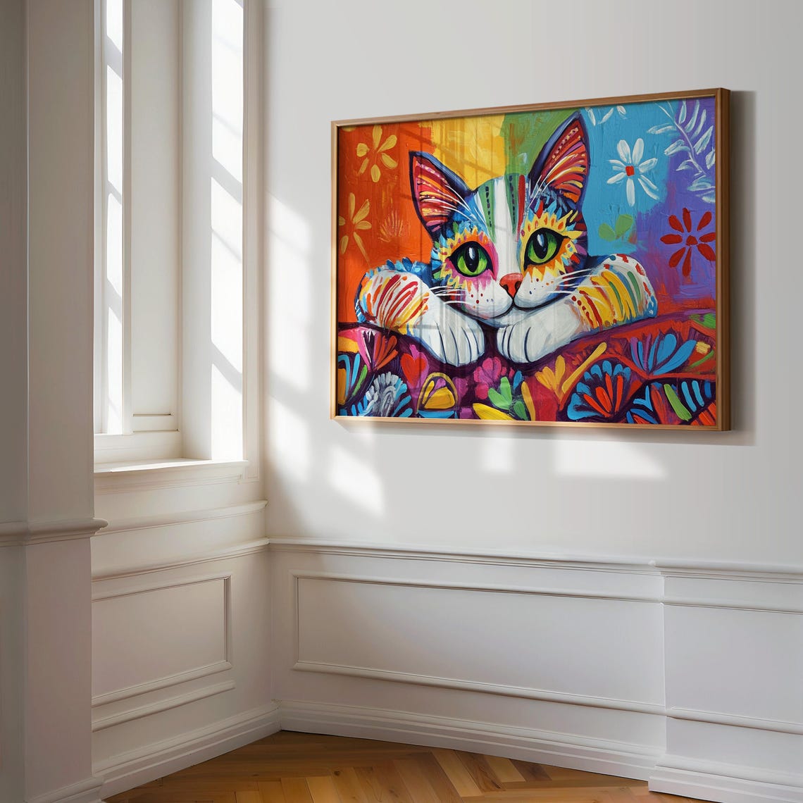 Rainbow Cat Resting Paws Floral Blanket Big Green Eyes Cute Cat Poster - Image 3
