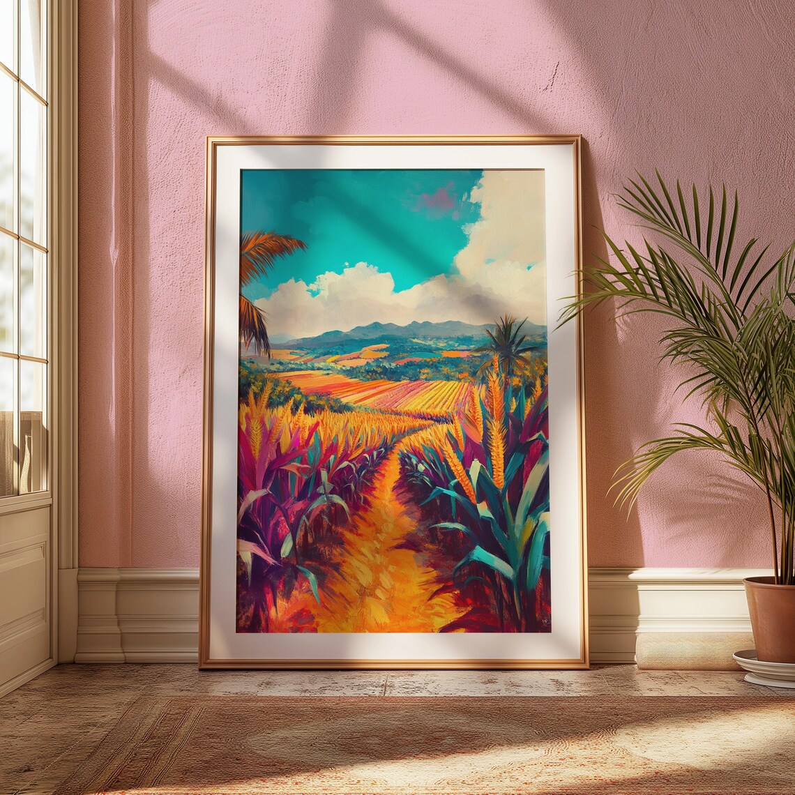 Tropical Valley Cornfield Palms Mountains Colorful Landscape Art Poster - Image 2