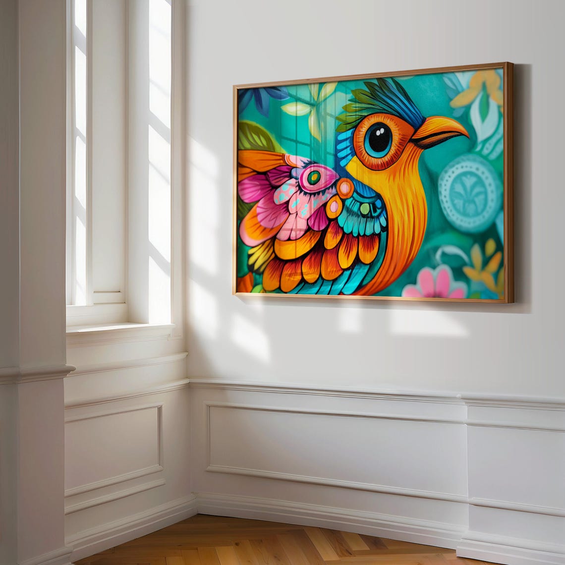 Ember Orange Bird Big Soulful Eye Patterned Wing Teal Garden Art Print - Image 3