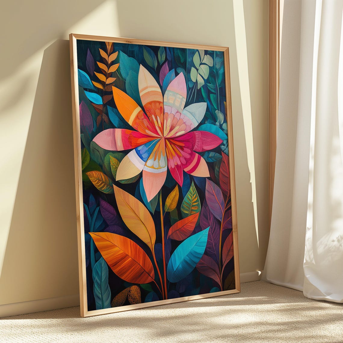 Banded Dahlia Bloom Dark Jungle Foliage Stained Glass Floral Poster - Image 5