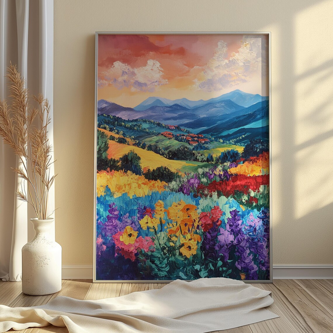 Wildflower Meadow Mountain Village Sunset Blue Peaks Travel Wall Art Poster - Image 4