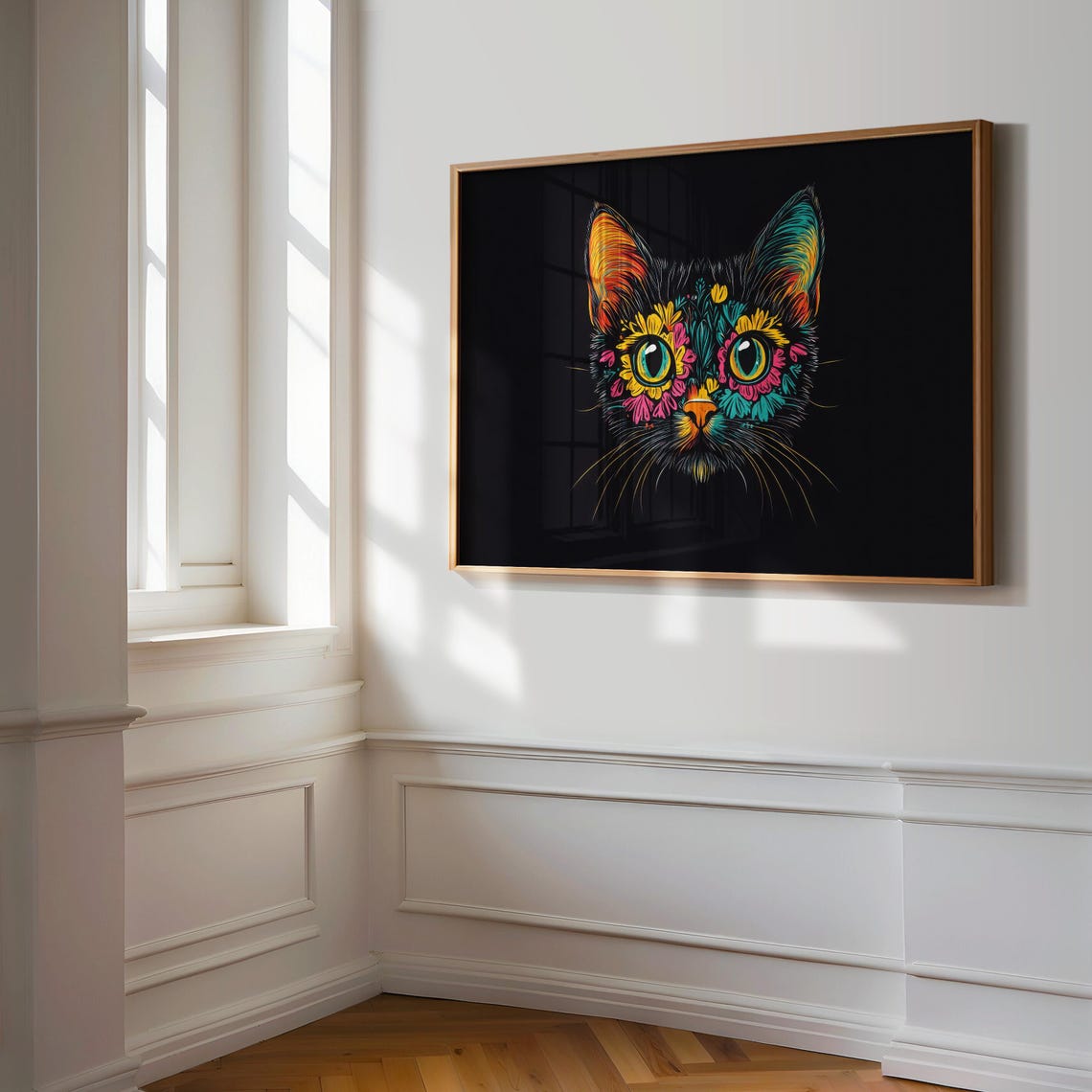 Colorful Streaked Cat Face Neon Brushstroke Paint Black Wall Art - Image 3