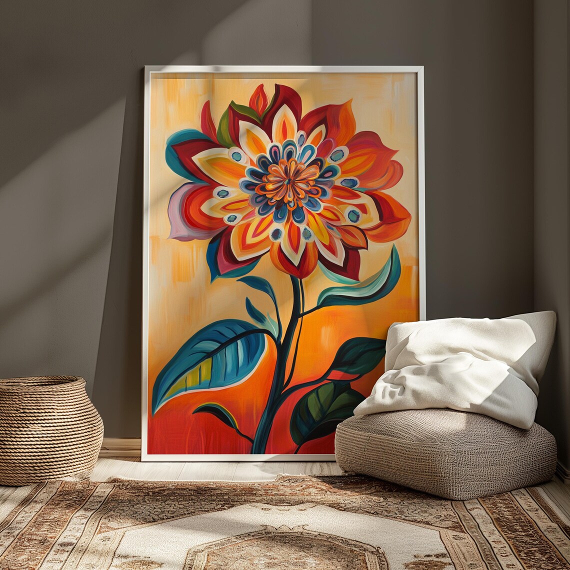 Layered Folk Flower Peacock Eye Center Gold Background Art Poster - Image 3