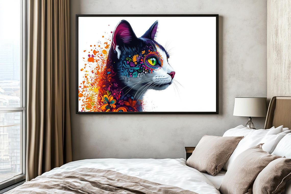 Cat Profile With Sugar Skull Floral Watercolor Splash Poster - Image 2