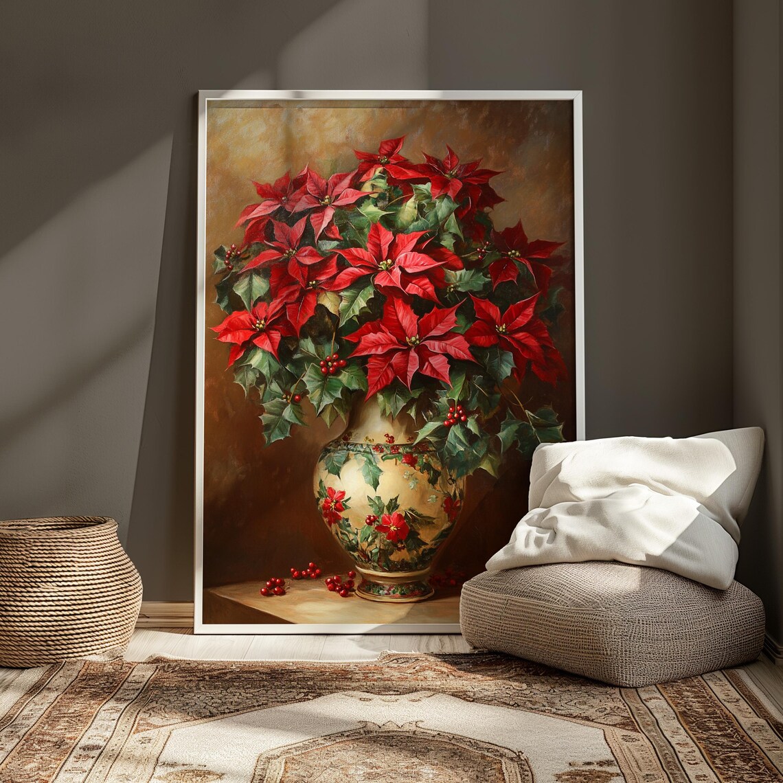 Red Poinsettia Holly Cream Floral Vase Christmas Still Life Poster - Image 4