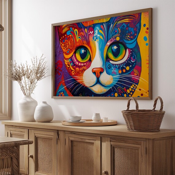 Calico Cat Face Paisley Boho Patterns Big Green Eyes Rainbow Art Poster