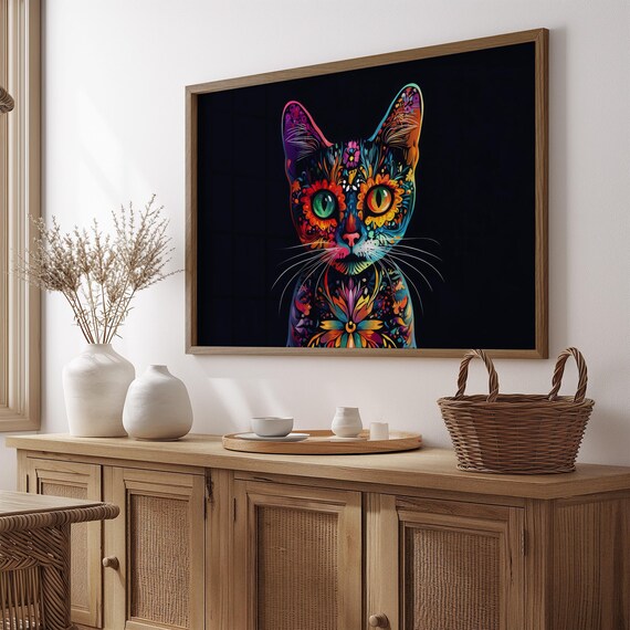 Rainbow Psychedelic Black Cat Bust Colorful Floral Whimsical Wall Art