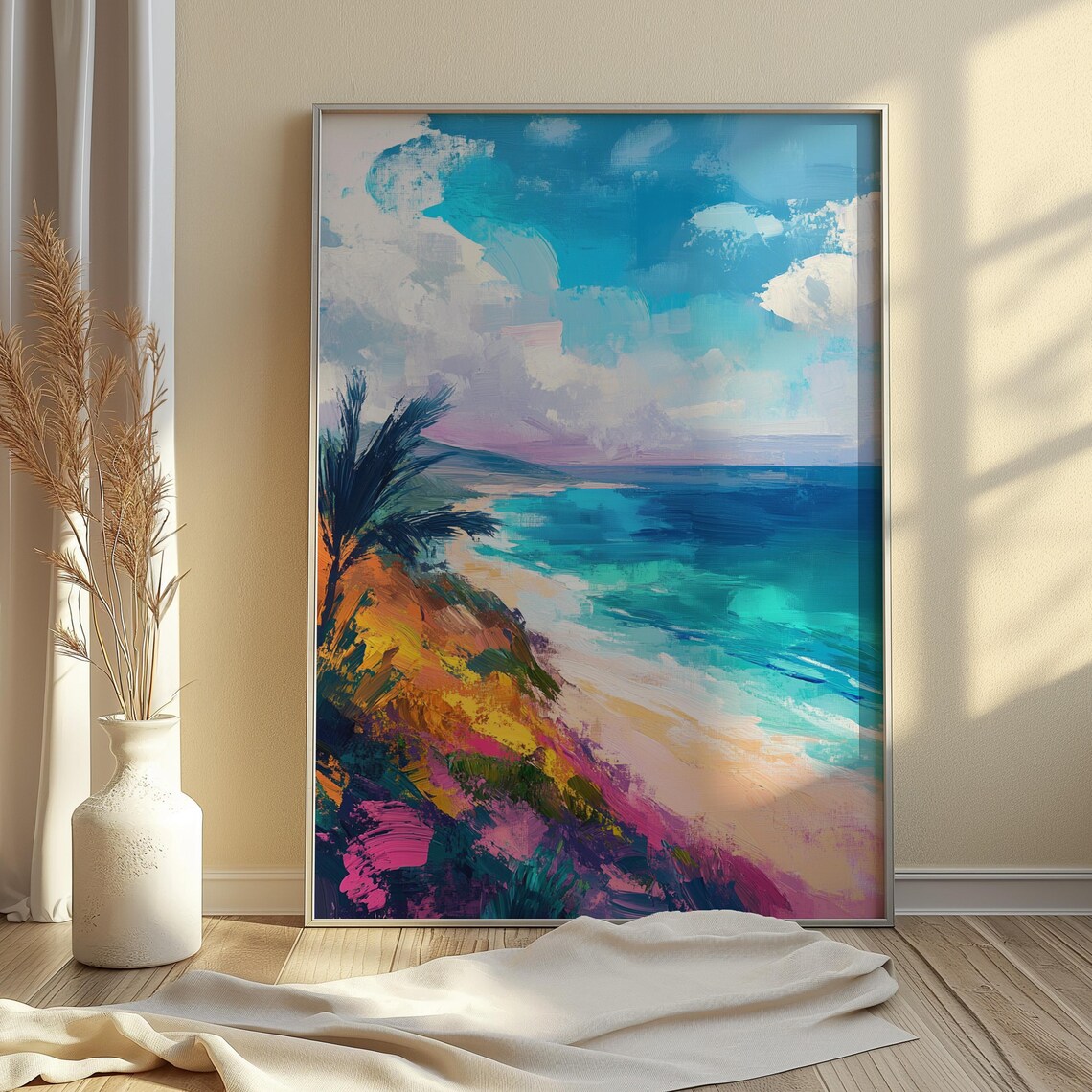 Tropical Beach Palm Silhouette Turquoise Waves Impressionist Coastal Poster - Image 4