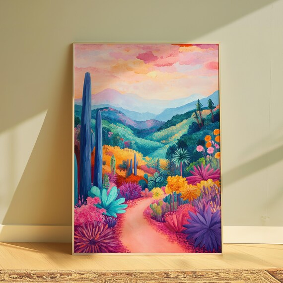Whimsical Desert Bloom Pink Path Tall Blue Cacti Green Hills Rosy Sky Poster