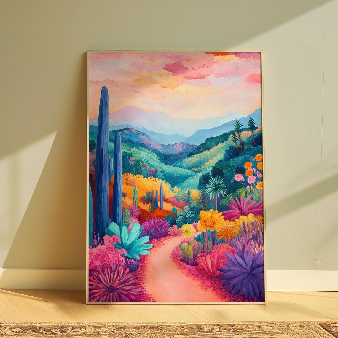 Whimsical Desert Bloom Pink Path Tall Blue Cacti Green Hills Rosy Sky Poster