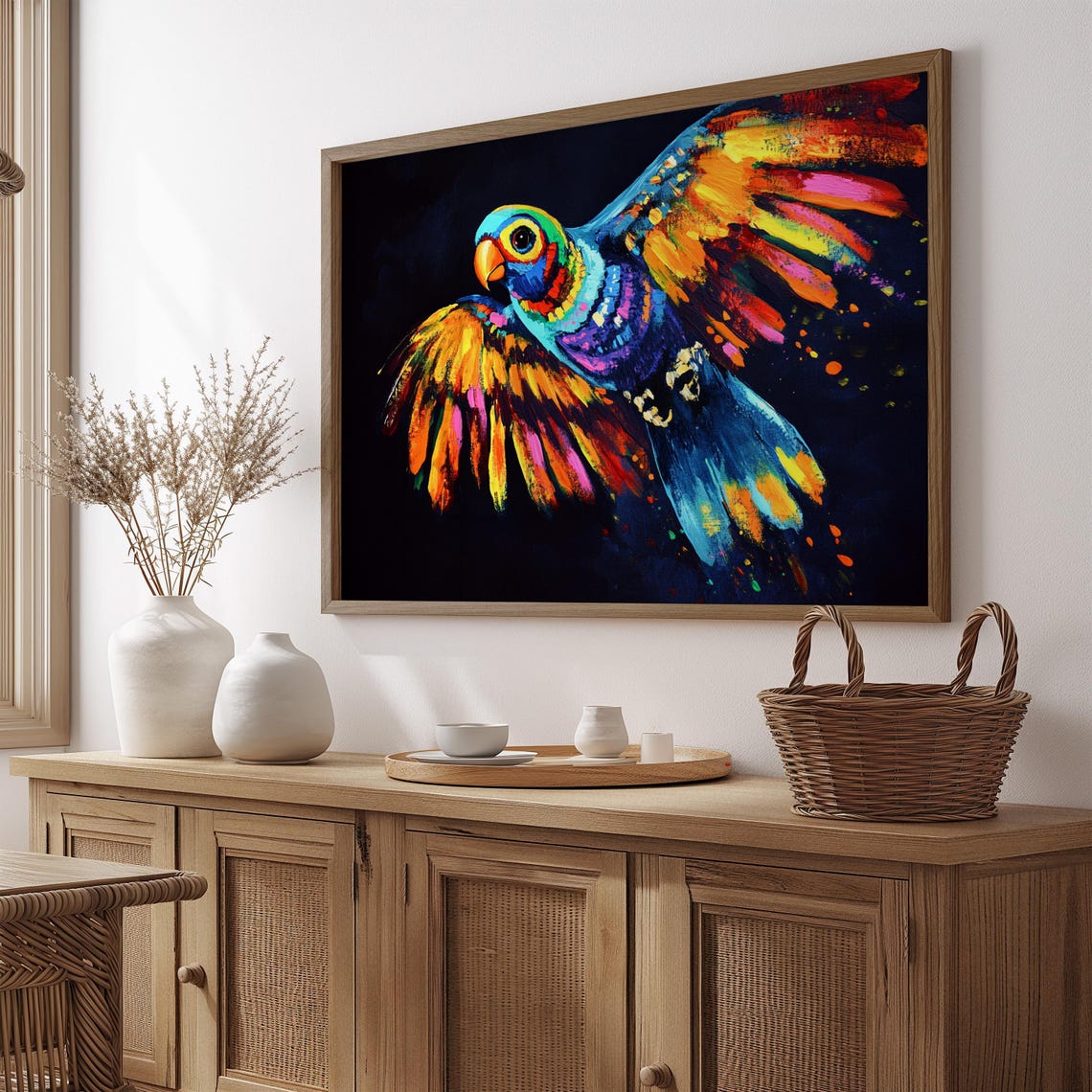 Rainbow Parrot In Flight Black Background Color Splash Poster