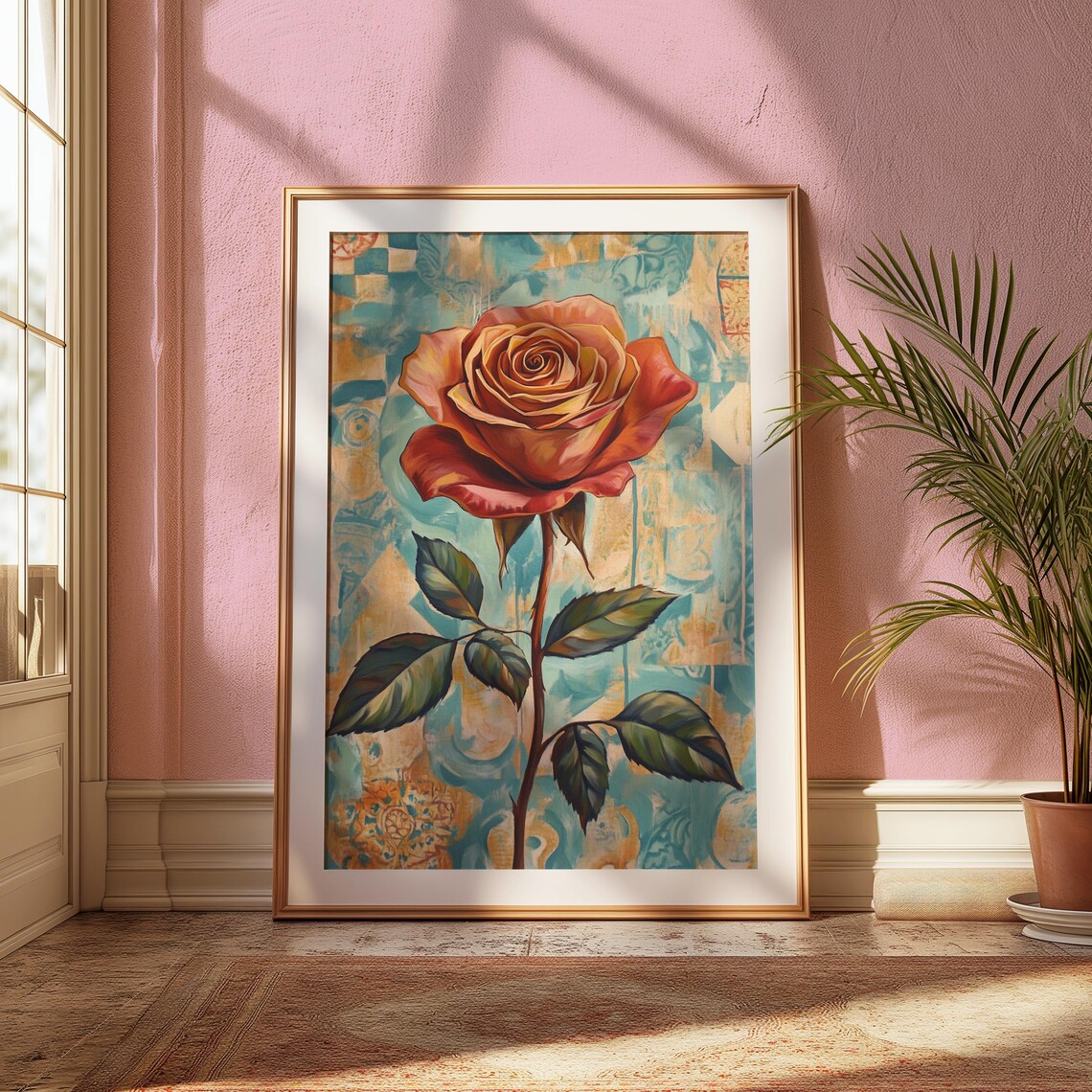 Peach Rose Patina Teal Background Painterly Floral Art Poster - Image 2
