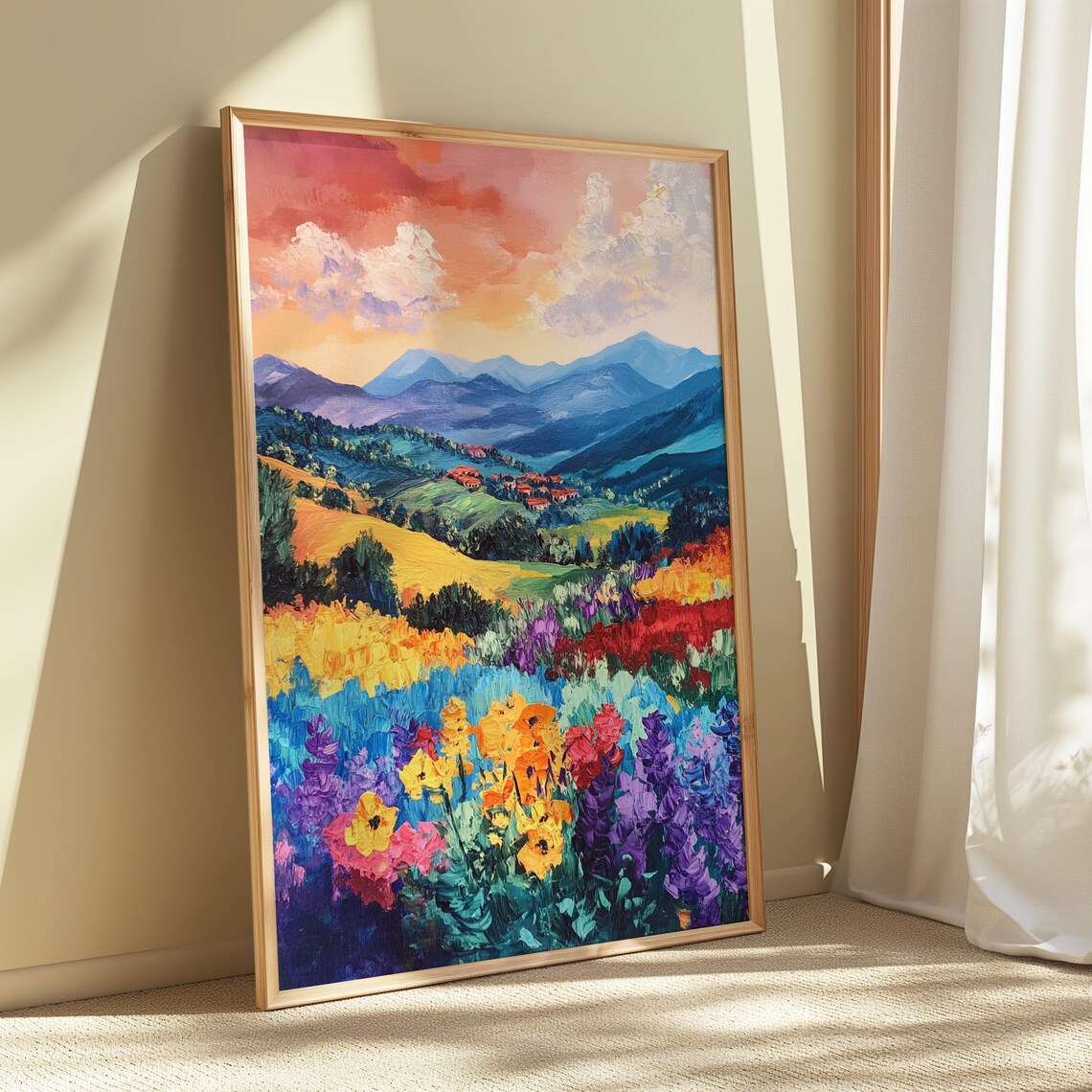Wildflower Meadow Mountain Village Sunset Blue Peaks Travel Wall Art Poster - Image 5