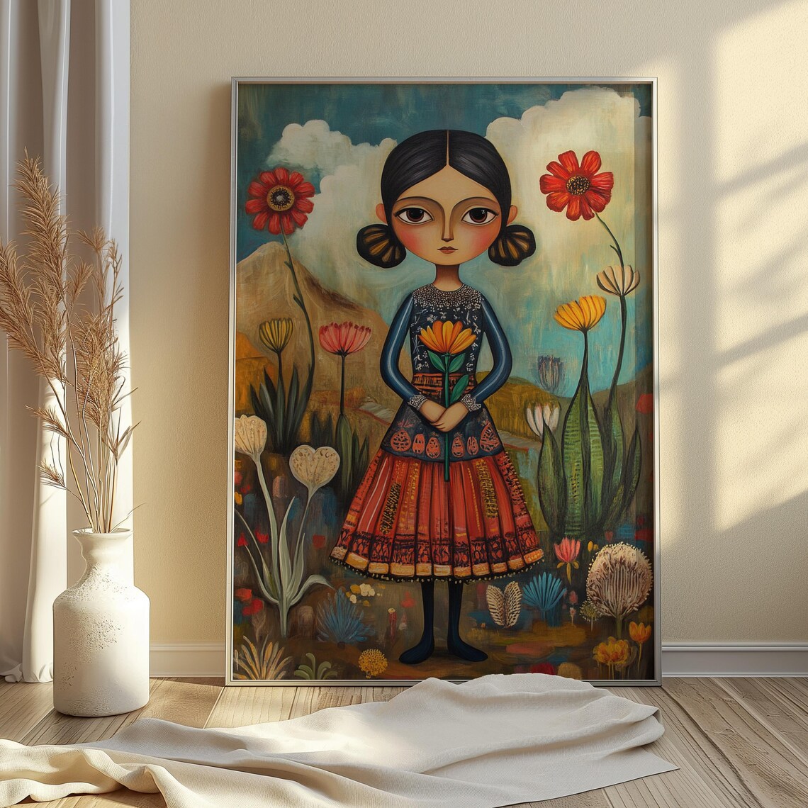 Folk Style Girl Embroidered Dress Holding Flower Bloom Garden Poster - Image 2