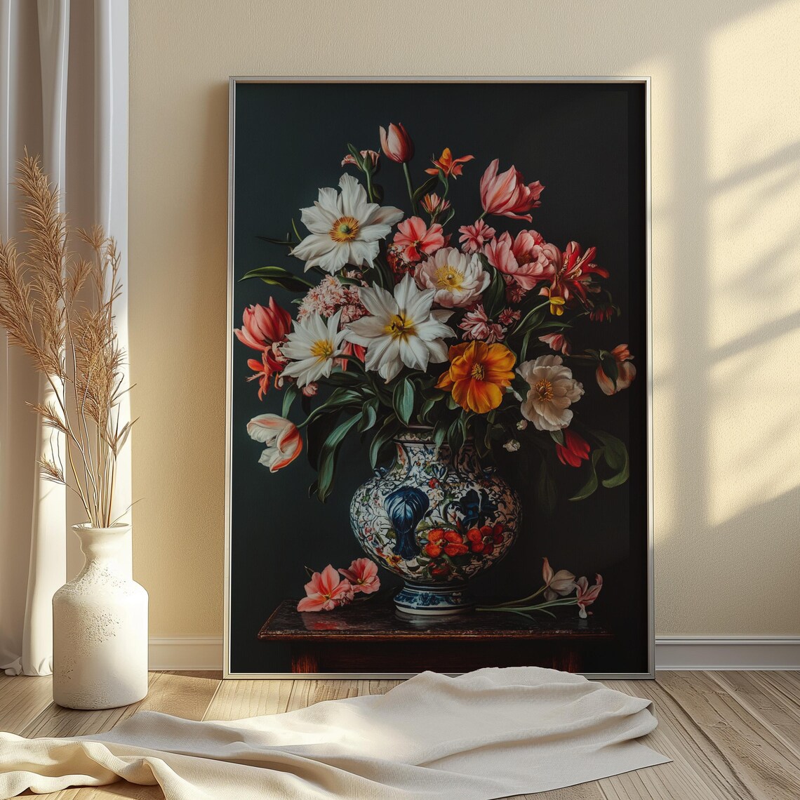 Elegant White Pink Blossom Bouquet Blue White Porcelain Vase Poster - Image 3