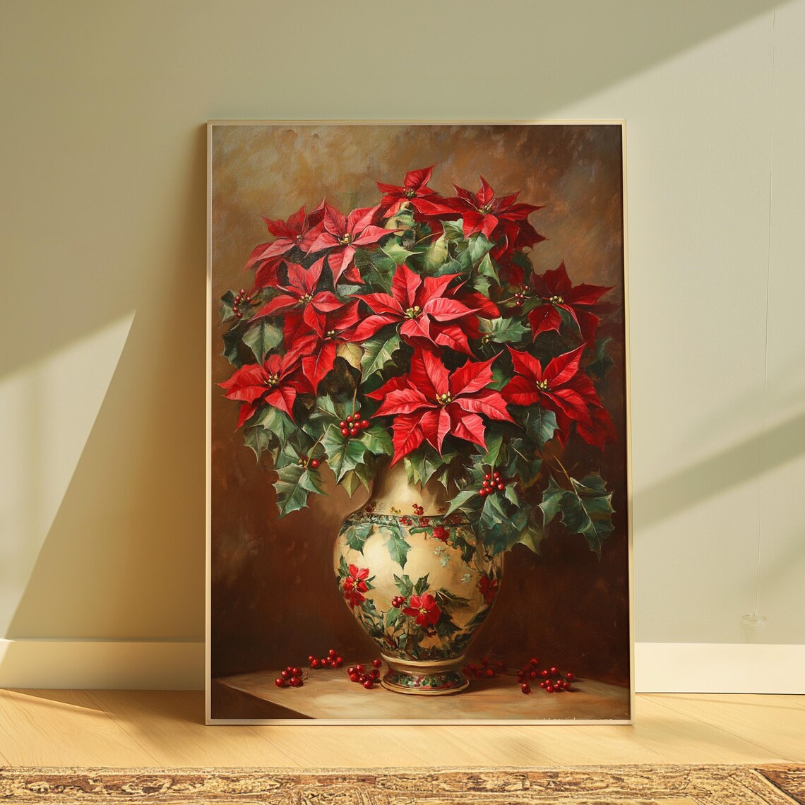 Red Poinsettia Holly Cream Floral Vase Christmas Still Life Poster