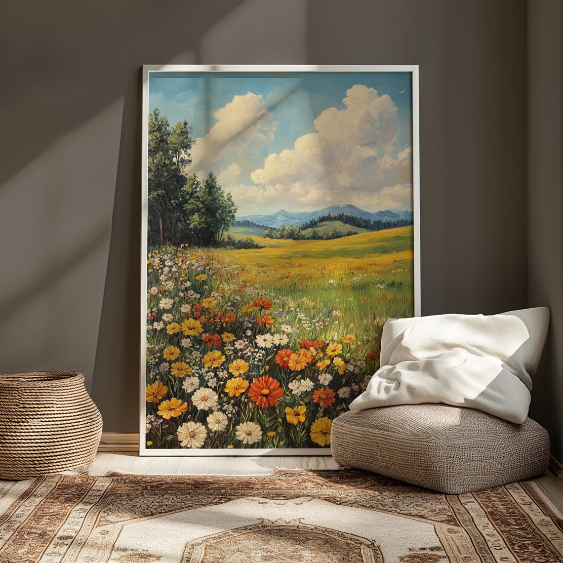 Colorful Wildflower Meadow Big Cloudy Sky Mountain Horizon Oil Poster - Image 3