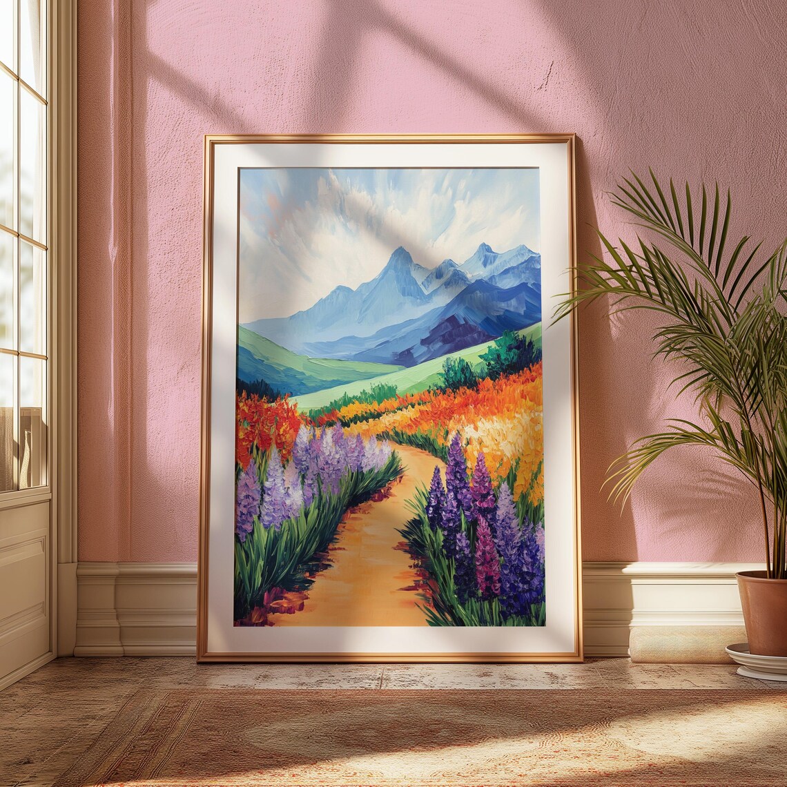 Winding Path Purple Lupines Orange Blooms Green Hills Blue Mountains Landscape Poster - Image 2