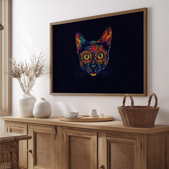 Intricate Neon Black Cat Face Green Eyes Glowing Whiskers Day Dead Wall Art
