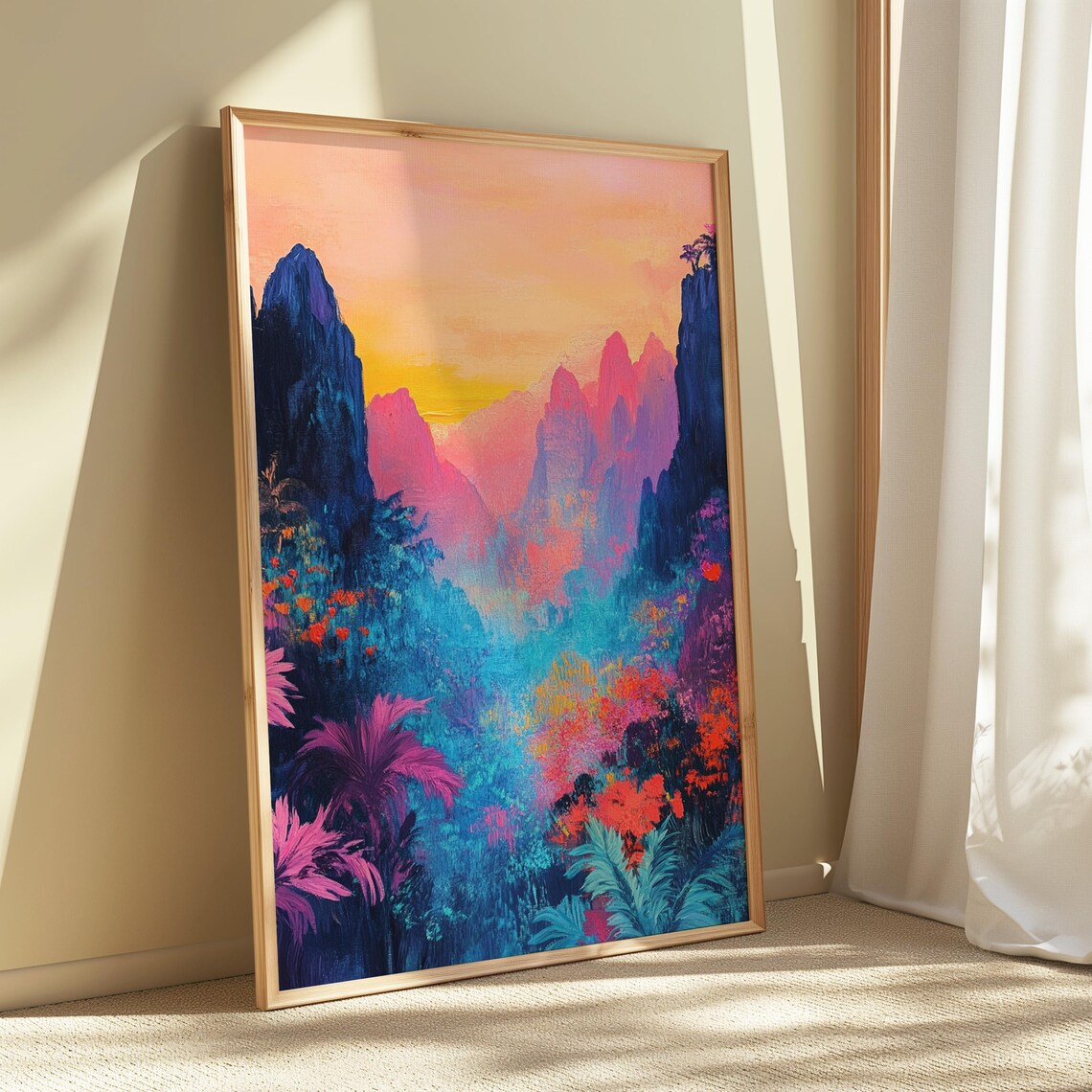 Misty Tropical Mountain Valley Pink Sunrise Jungle Landscape Print - Image 5