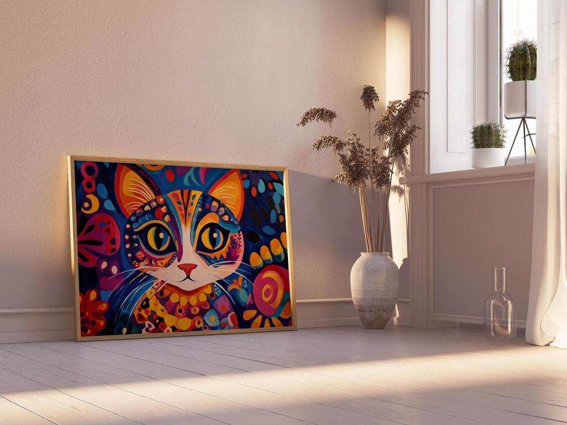 Symmetrical Cat Face Folk Art Big Yellow Eyes Navy Patterned Poster - Image 2