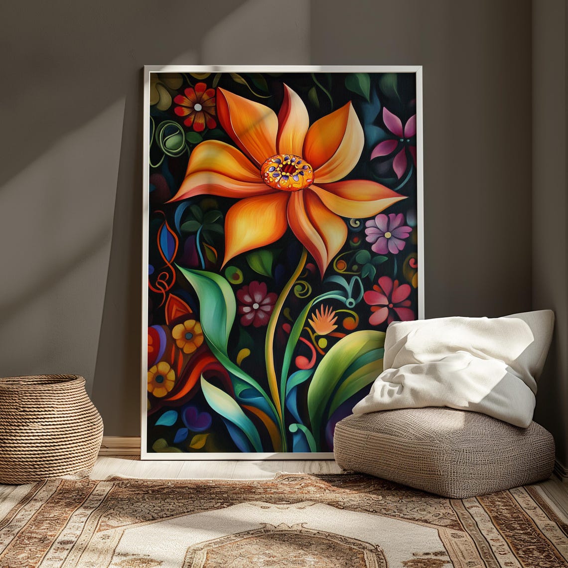 Giant Orange Star Bloom Night Garden Teal Enchanted Floral Poster - Image 3