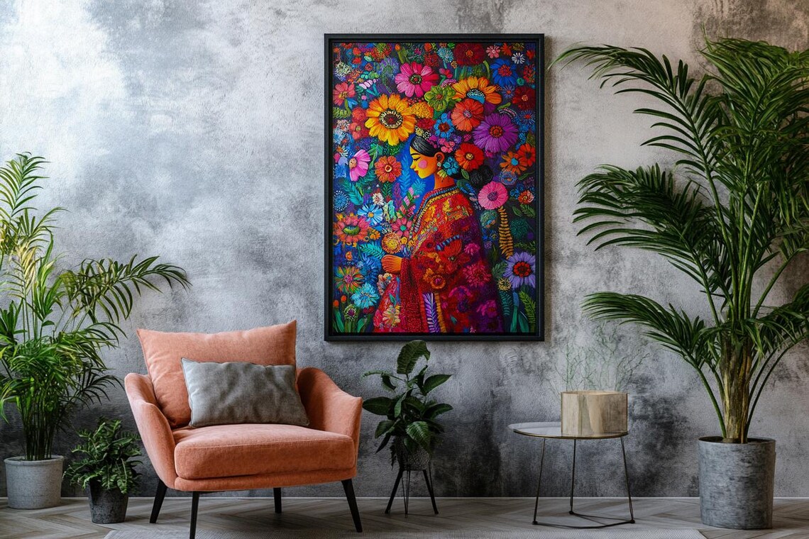 Mexican Folk Art Woman Among Giant Flowers Vibrant Culture Poster - Image 2