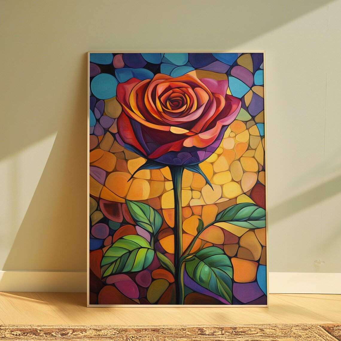 Red Purple Rose Stained Glass Mosaic Warm Glow Floral Poster