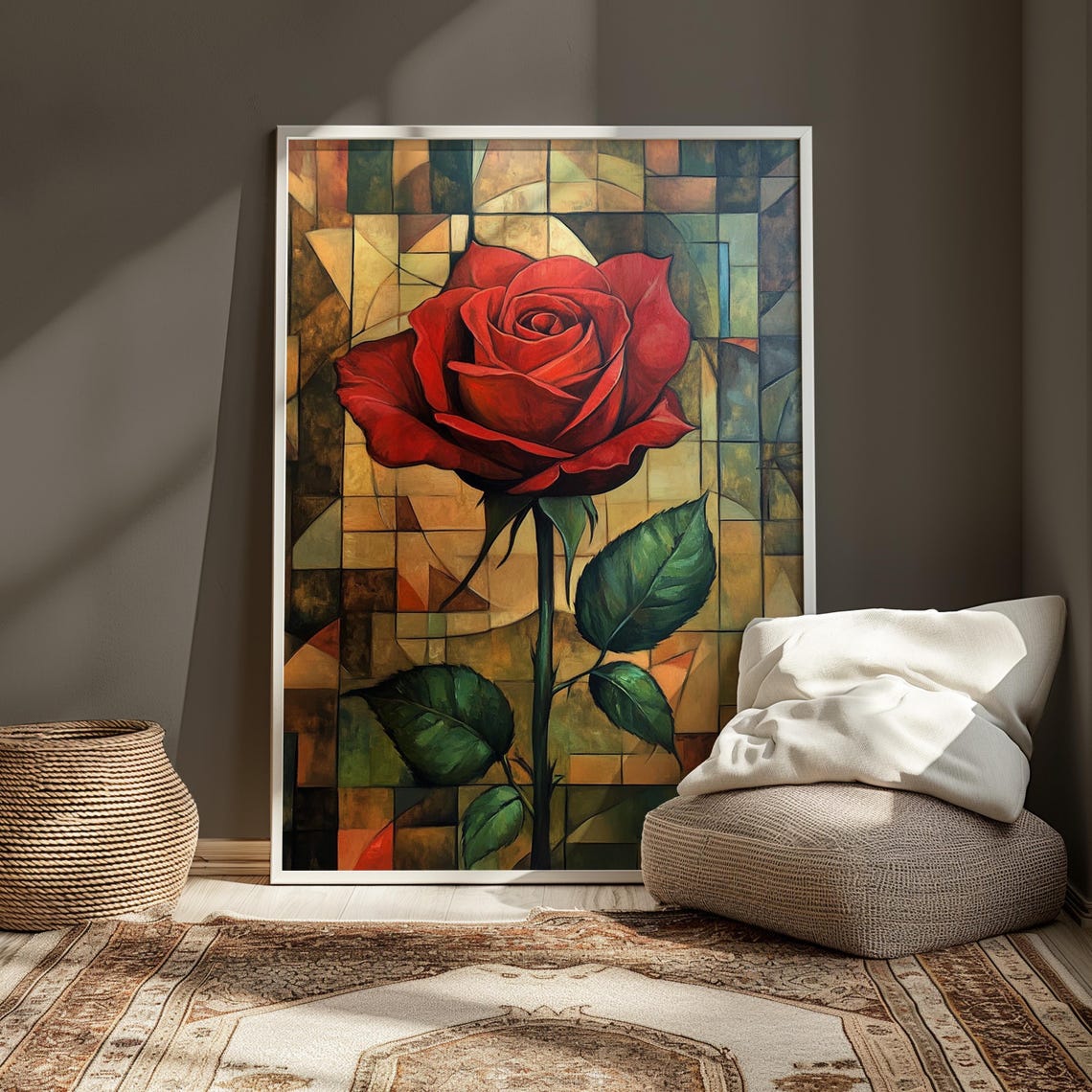 Romantic Red Rose Stained Glass Amber Mosaic Background Floral Poster - Image 3
