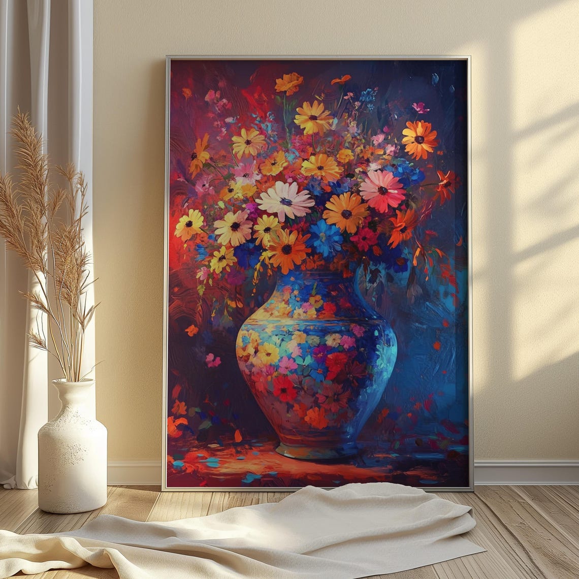Impressionistic Daisy Bouquet in Painted Blue Vase Dark Floral Poster - Image 3