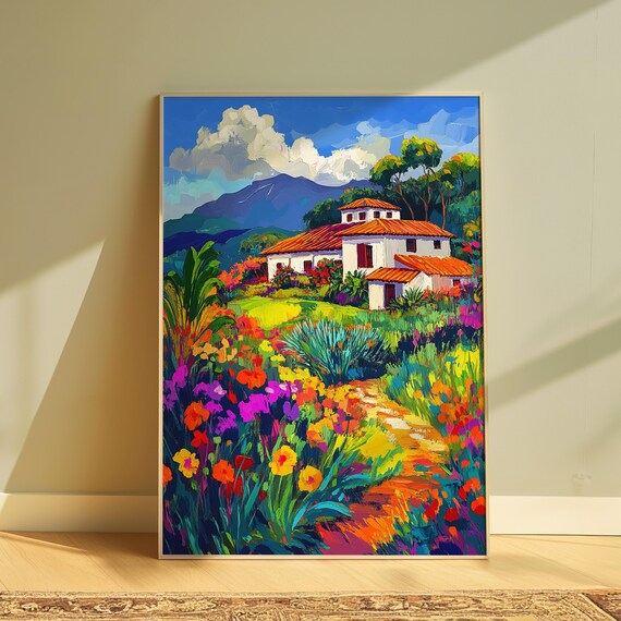 Mexican Hacienda Terracotta Roof Flower Garden Mountain Art Print