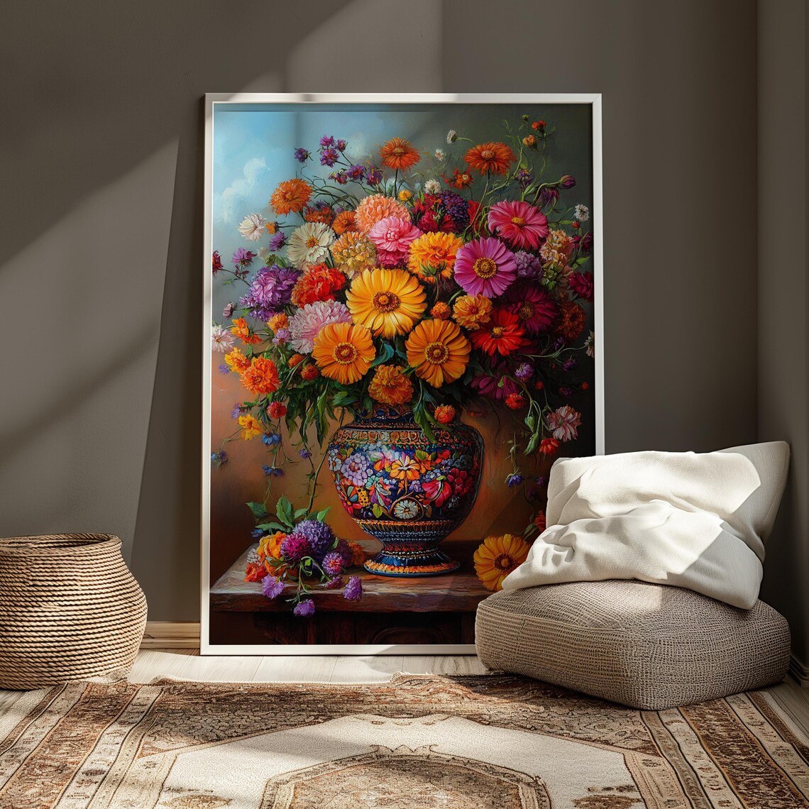 Mexican Folk Art Colorful Wildflower Bouquet In Ornate Vase Wall Print - Image 4